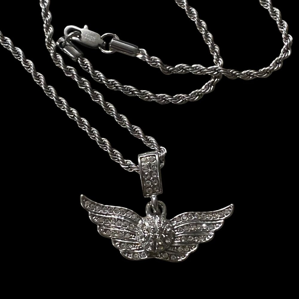 Baseball Pendant Angel Wing Necklace Stainless Steel Rhinestone Rope Chain